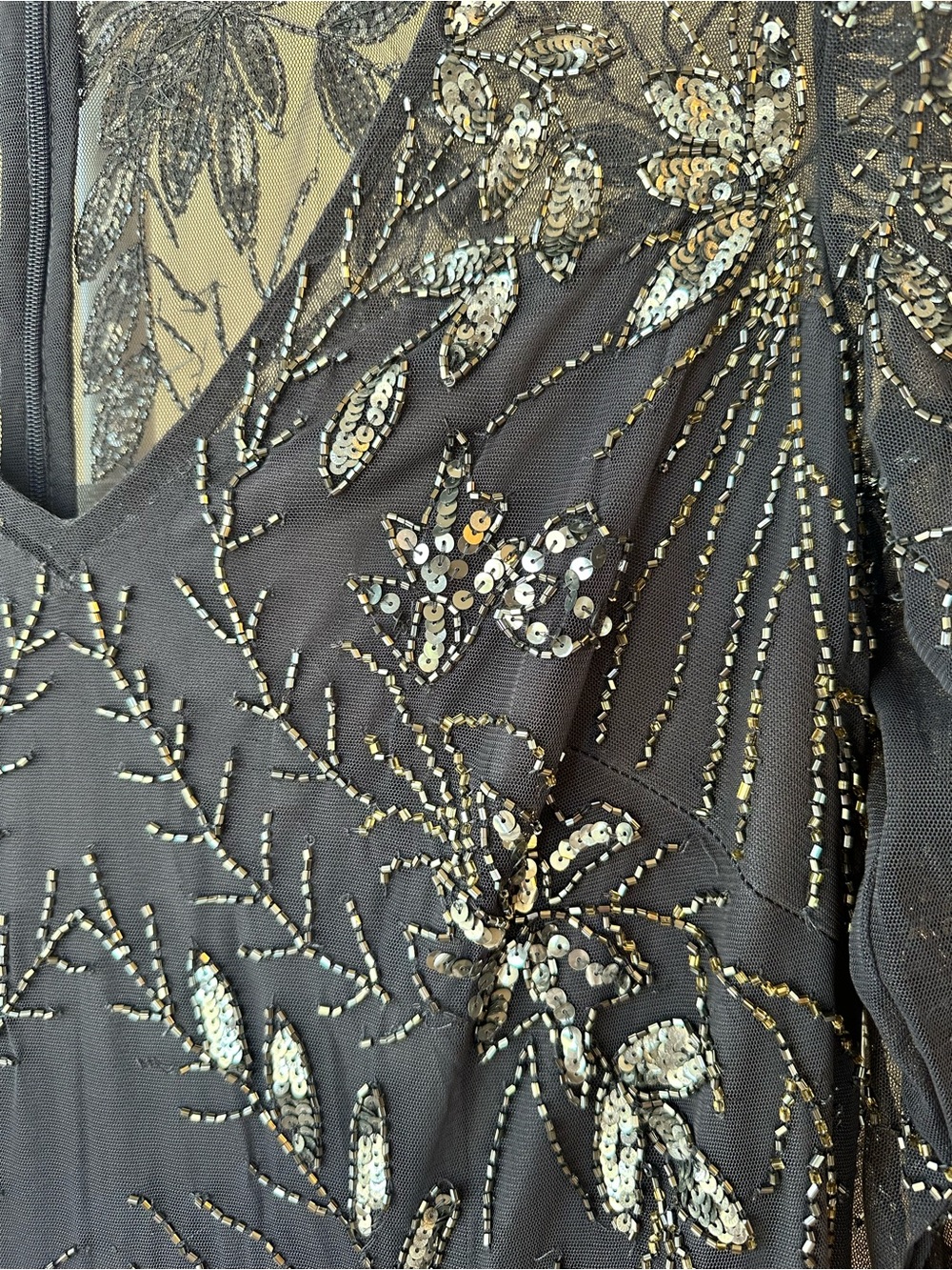 Oleg Cassini three quarter sleeve beaded gown with godets charcoal SZ 16w NWT - Picture 2 of 7